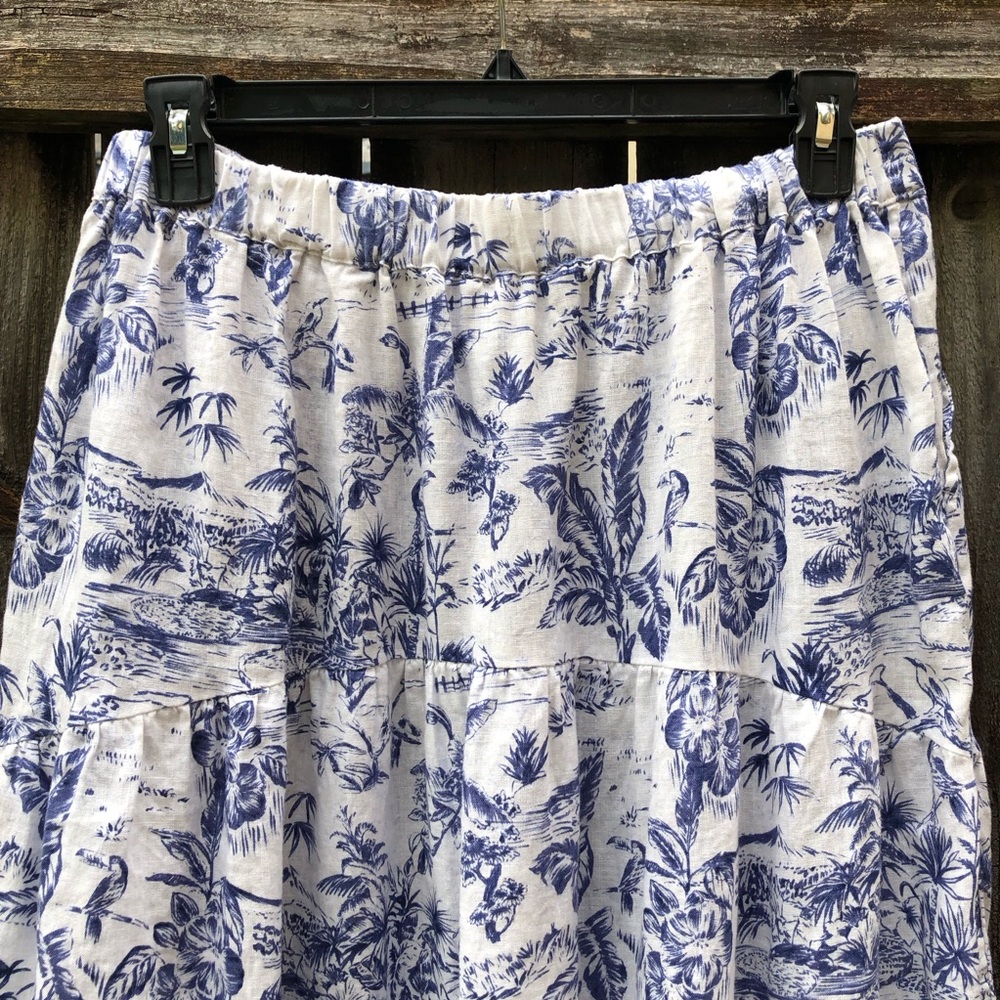 Joie 100% Linen Tropical Toile Midi Skirt Size XL Pockets Blue White Beach - Picture 11 of 15